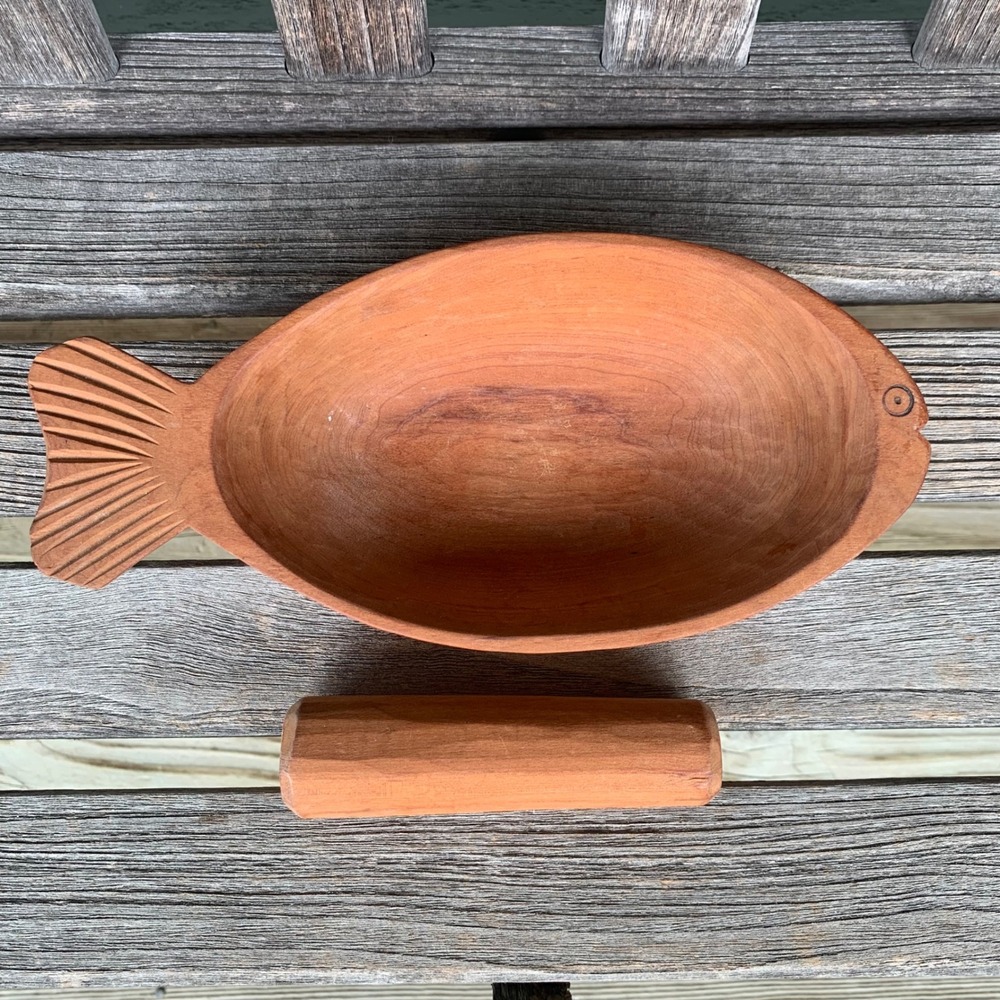 VTG Hand Carved Wooden Fish Mortar and Pestle Set MCM Nautical Coastal Decor